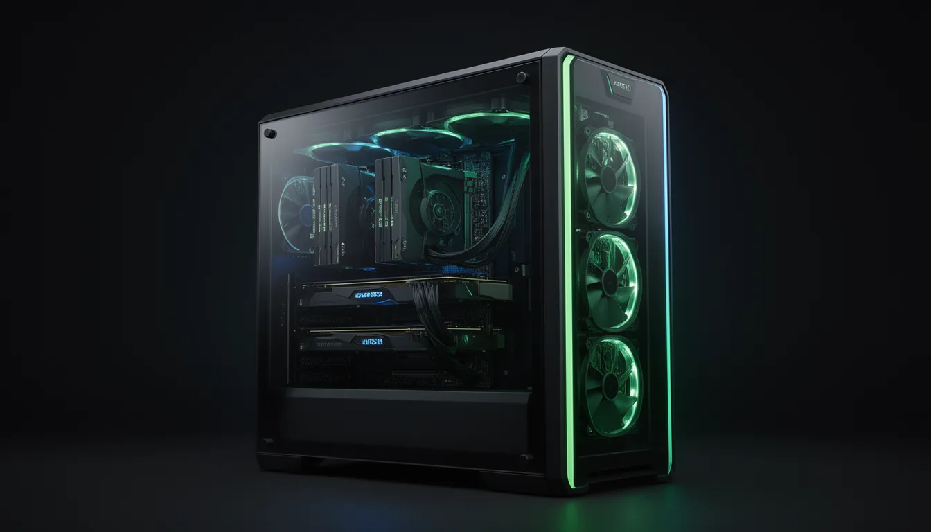 A powerful AI workstation with multiple graphics cards visible through a glass side panel