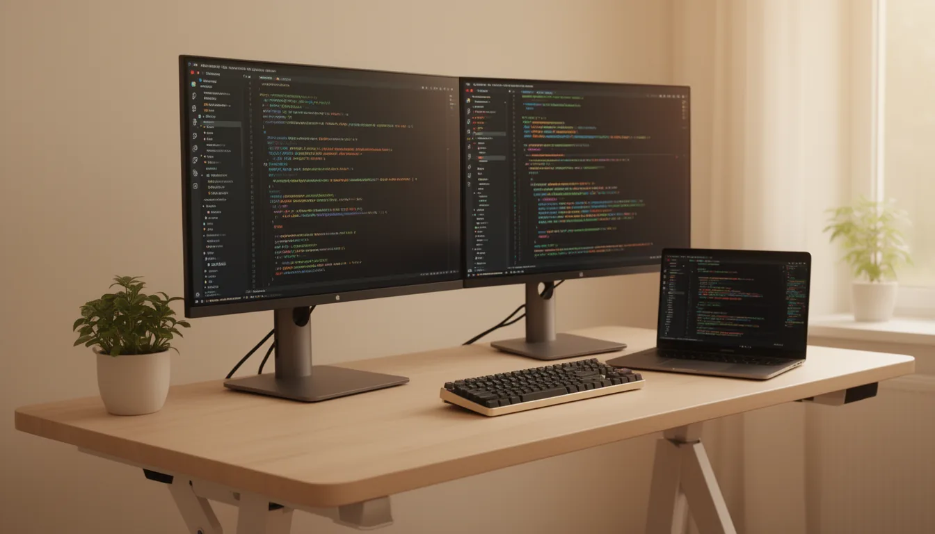 A tidy developer workstation with dual monitors showing code, a laptop, a mechanical keyboard and a standing desk in warm daylight