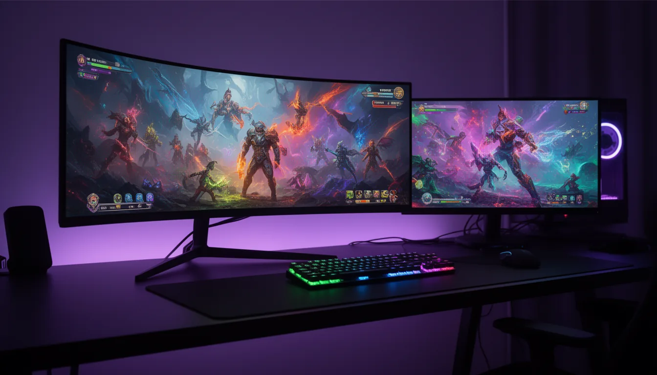 A gaming desk with a large curved ultrawide monitor and a second monitor displaying colourful games, with an RGB keyboard and ambient purple lighting