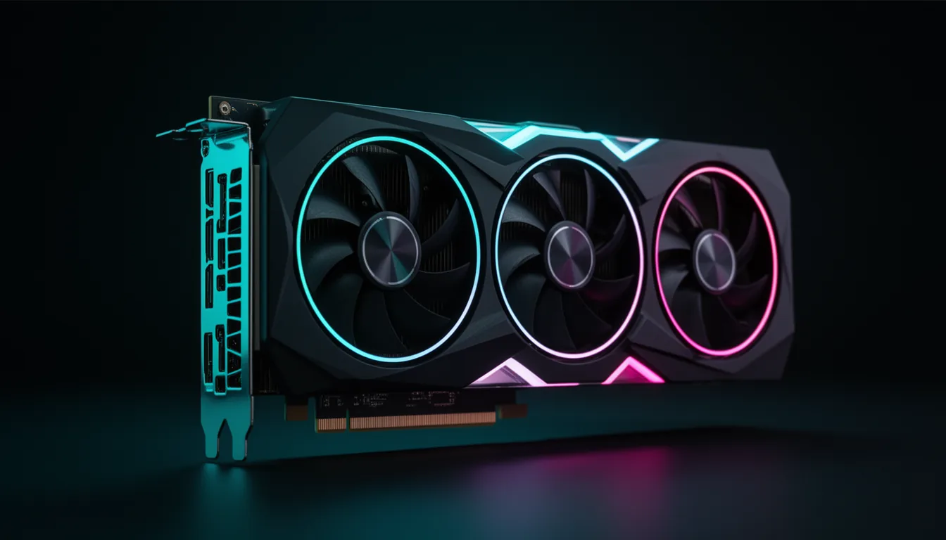 A modern triple-fan graphics card with cyan and pink RGB lighting on a dark background