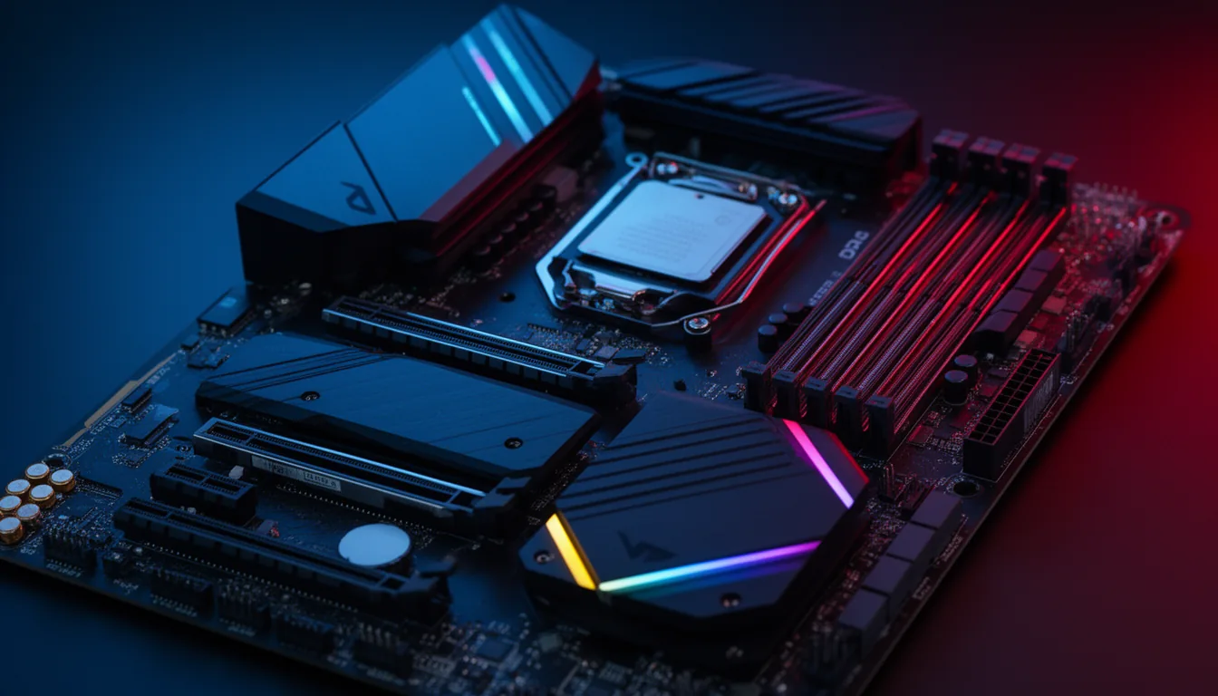 A high-end gaming motherboard with RGB accents, VRM heatsinks, PCIe slots and DDR5 memory